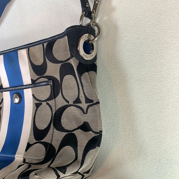 Coach Jacquard Black Blue Hamptons Weekend Satchel Purse C1282-10055 shoulder - Picture 6 of 11